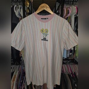 Chemistry Pink and White Striped Tee with Floral Design